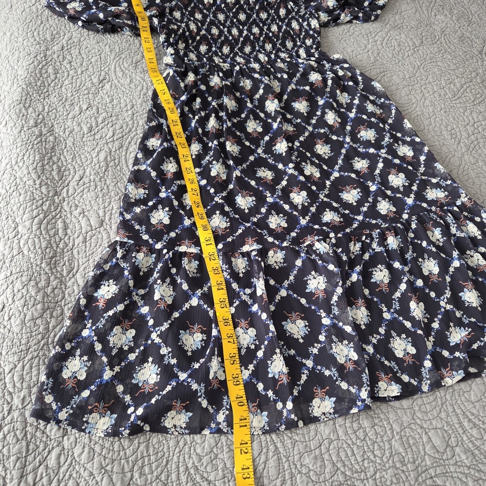 Lauren Conrad Small Midi Dress Smocked Navy Floral Puff Sleeve Cottage Delicate - Picture 10 of 10